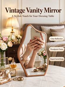 1pc Walnut Color Asymmetrical Desktop Vanity Mirror, Clear Imaging, Wavy Wood Grain Frame, Elegant Bedroom And Dressing Table Decor, Christmas, Birthday And Housewarming Gift - Multicolor - View 10