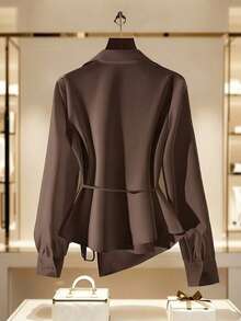 Women's Fashion Solid Color V-Neck Long Sleeve Blouse With Ruffle Collar And Cuffs, Autumn - Brown - View 3