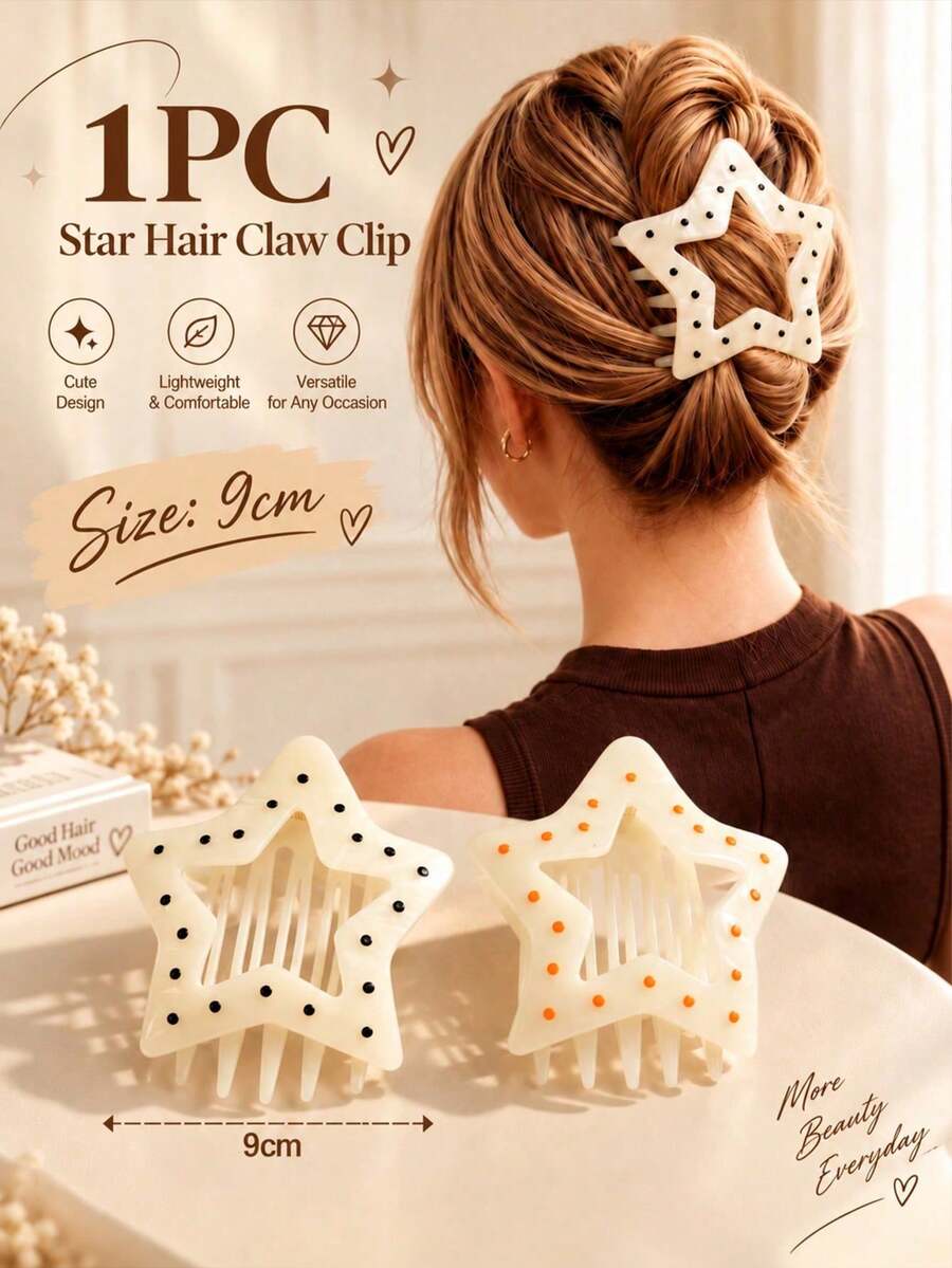1pc Leopard Print Star Hair Clip For Women, Large Tortoise Shell Flat Hair Claw, Elegant French Style Bun Hair Accessory - Multi-color a - View 1