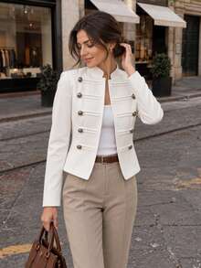 LuminousWealth Women's Royal Style Double-Breasted Short Thin Jacket, Stand Collar Retro Blouse, Suitable For Spring And Autumn - White - View 3