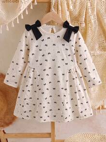 Girls' Casual Bowknot Print Long Sleeve Dress, Spring/Autumn - Apricot - View 7