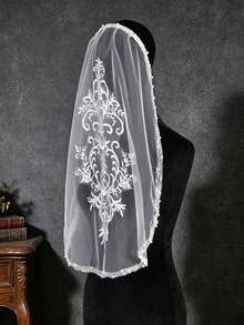 1pc Pearl Trim Lace Embroidered Bridal Veil Headband Mantilla Veil With Floral Scroll For Wedding - Off White - View 6