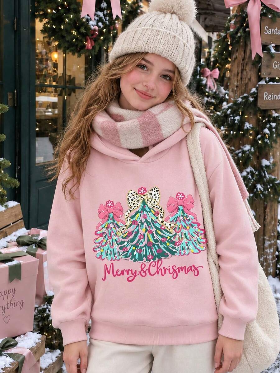 [Christmas]Tween Girl Pink Christmas Tree Leopard Print Bow Letter Print Sweatshirt, Fleece Lined Thick Long Sleeve Pullover Casual Top, Girls Autumn/Winter Christmas Outfit, Holiday Party Daily Wear - Pink - View 1