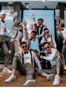 2pcs Men's Fashion Versatile Adjustable Solid Color Polyester Suspenders & Bright Polyester Bow Tie Set Suitable For Weddings, Ceremonies And Daily Wear - Khaki - View 5