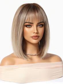 12 Inch Platinum Blonde Straight Bob Wig With Bangs, Shoulder Length Smooth Synthetic Fiber Women's Wig, Heat Resistant Natural Fashion, Suitable For Daily Wear, Date, Party, Cosplay, Halloween Costume - Multicolor - View 4