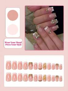 24pcs Rectangle Press-On Nails, White French Manicure With Rhinestone Decor, Elegant Full Coverage, Suitable For Women & Girls Summer Nails, Daily Wear, Nail Art Supplies - White - View 2