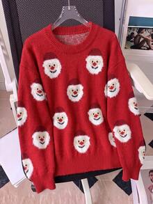 Suéter de mujer con estampado de Papá Noel rojo, top de punto acanalado de manga larga, suéter casual de invierno para vacaciones con cuello redondo corto - Rojo - Ver 6