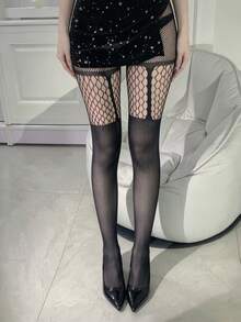 1 Pair Women's Patchwork Garter Fishnet Stockings, Comfortable, Perfect For Parties And Daily Wear - Multicolor - View 6