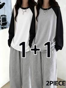 2pcs/Set Spring/Autumn/Winter New Y2K Women's Round Neck Contrast Color Raglan Long Sleeve T-Shirt Gen Z - Off-white - View 2