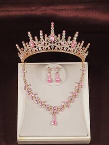 4‑Piece Kids Jewelry Set Pink Rhinestone Crown, Necklace And Earrings.Stage Performance Accessories,Children Birthday Gift & Party Hair Ornaments - Gold - View 7
