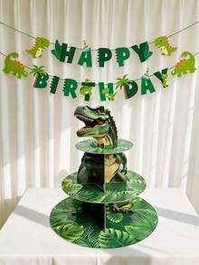 Dinosaur Theme Birthday Party 3-Tier Cake Stand Rack, T-Rex Cupcake Holder, Paper Cake Tray, Dessert Table Display Set, Suitable For Halloween, Thanksgiving, Jurassic Dinosaur Theme Party Decoration, Not For Direct Food Contact - Multicolor - View 3