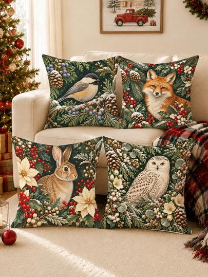 4pcs Winter Christmas Morris Small Animal Fox Rabbit Pine Cone Holly Pattern Cushion Covers, Single-Sided Printed Skin-Friendly Peach Skin Velvet Material, 45*45CM Pillow Covers Suitable For Room Decoration, Indoor Sofa Living Room Decoration Party Decoration, Decorative Cushion Covers Gift