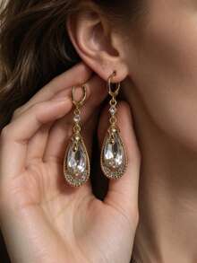 1 Pair Fashionable Personalized Long Elegant Rhinestone Glass Earrings, Suitable For Wedding, Party And Gift - Purple - View 7