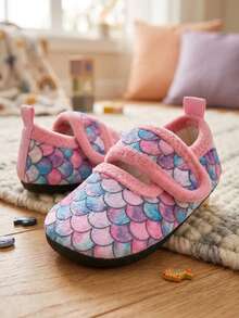 Fish Scale Kids Indoor Slippers Girls Soft Rubber Sole Lightweight Warm Comfortable Colorful Leopard Print Hook And Loop Toddler Mid-Child Autumn Winter - Multicolor - View 3