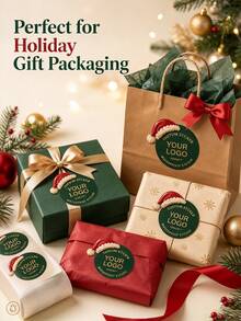 Personalized Christmas Logo Labels And Stickers, Upload Your Logo/Image To Customize Christmas Hat Design, Suitable For Christmas Gift Packaging, Gift Boxes, Packaging Bags, Retail And Small Business Holiday Branding Personalized Labels/Stickers - Multicolor - View 4