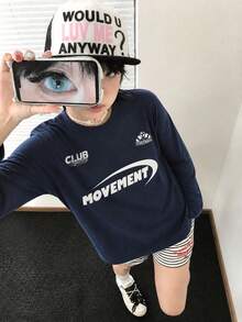 Autumn/Winter New Y2K American Vintage Letter Print Loose Long Sleeve T-Shirt - Navy Blue - View 2