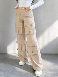 Women's Solid Color Fashion Long Cargo Pants, Multi-Pocket Design Loose Straight Leg Trousers - Apricot - View 3