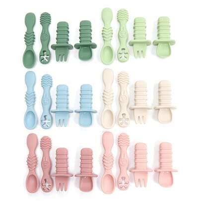 4 Pacotes Conjunto de Garfo e Colher de Silicone para Bebê, Cabos Curtos para Autoalimentação do Bebê, Cabos Longos para Alimentação dos Pais, Essencial para Famílias com Crianças