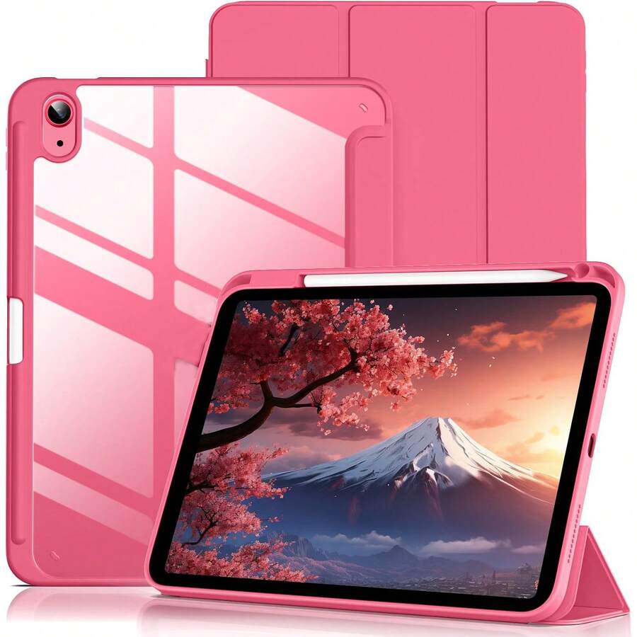 iPad A16 第11代/第10代保護殼，附筆筒，海軍藍 11 吋 2025/10.9 吋 2022，透明背板軟 TPU 防撞邊框，自動喚醒/睡眠 - 西瓜紅 - 查看 1
