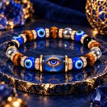 Blue Evil Eye Tiger Eye Stone Beaded Bracelet, Unisex Mysterious All-Seeing Eye Natural Stone Elastic Bracelet, Spiritual Protection Blessing Good Luck Amulet Jewelry Gift (No Box) - Multicolor - View 4