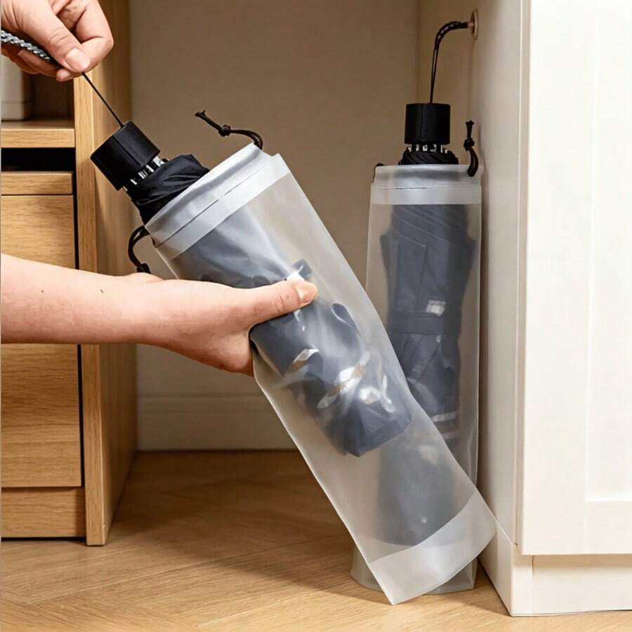 10pcs Waterproof Umbrella Storage Bags With 5pcs Hanging Hooks Storage Set, Portable Drawstring Umbrella Bags, Semi-Transparent Dry & Wet Dual-Use Umbrella Storage Pouches, Lightweight Umbrella Storage Covers, Suitable For Travel, Home, Office, Car