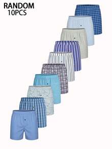 10Pcs Men Underwear, Comfort Polyester Fabric, Checkered Pattern With Buttons, Elastic Waistband Multi-Color Pack, Home Essentials, Men Gift - Multicolor - View 1