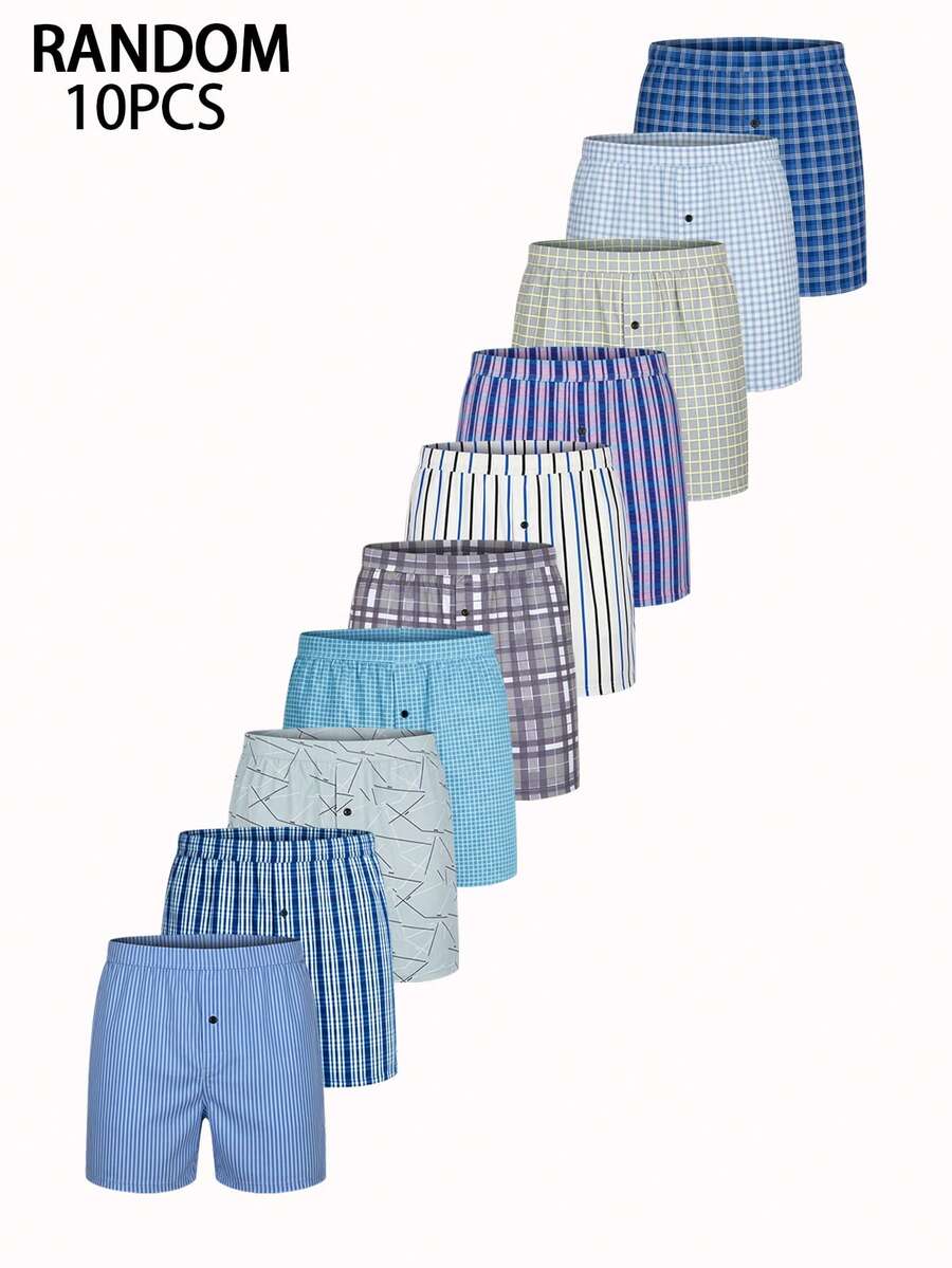 10Pcs Men Underwear, Comfort Polyester Fabric, Checkered Pattern With Buttons, Elastic Waistband Multi-Color Pack, Home Essentials, Men Gift - Multicolor - View 1