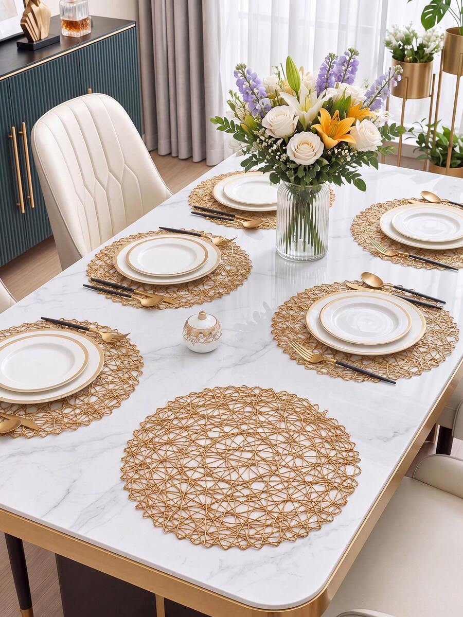 Tkvega • Home 6pcs/set Coffee Handmade Knitted Hollow Out Round Modern Minimalist Style Placemat, Water-resistant, Easy To Clean, Wipeable, Non-slip, Heat-resistant, For Dining Table, Holiday, Wedding, Party, Festival Decoration - Brown (6 Pieces) - View 1