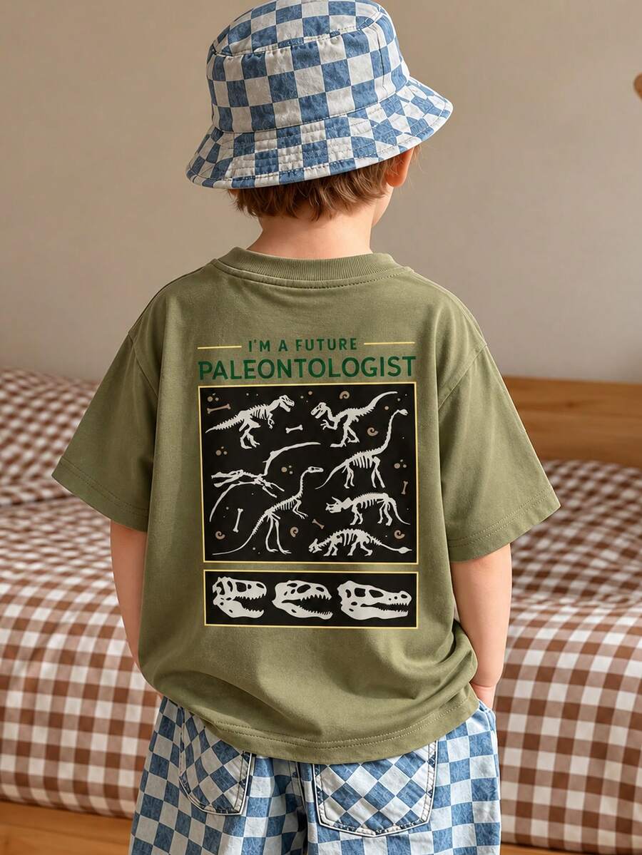 Young Boy 1pc Printed Pullover Short Sleeve T-Shirt, Student Youth Children's Clothing, Summer Top For Kids - Olive Green - View 1