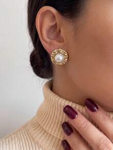 2/12PCS Women's Fashion Exquisite Flower Round Faux Pearl C-Shaped Geometric Multi-Element Earring Set, Seasonal Hot-Selling High- Elegant High-End Earring Set Suitable For Daily Wear - Gold - View 2