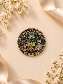 1pc Fun Camping Style Metal UFO Bigfoot Alien Bonfire English Lettering Round Brooch, Women's Daily Backpack Jacket Decoration Gift - Multicolor - View 2