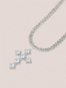 Valisandre 1pc Luxury Filled With Cubic Ia Cross Pendant Necklace - Silver - View 3
