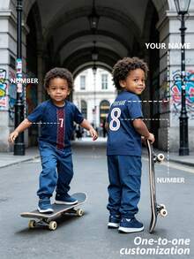 Bộ 2 món áo bóng đá và quần dài phong cách đường phố unisex cho trẻ em 4y-7y màu xanh navy, tùy chỉnh tên và số cá nhân hóa, cổ tròn tay ngắn, phù hợp cho xuân/hè/thu - Màu xanh hải quân - Xem 4