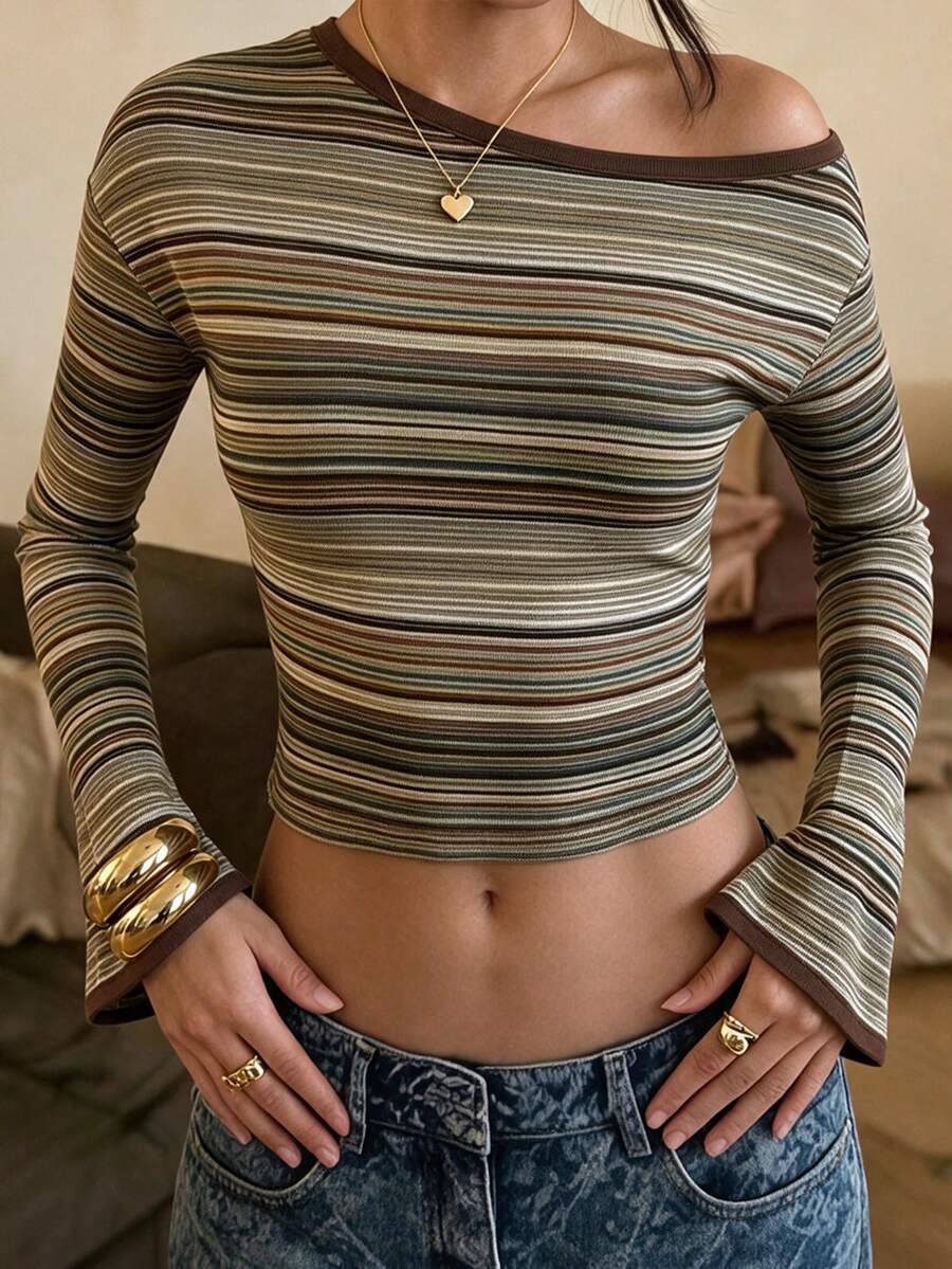 Women's Multicolor Stripe One Shoulder Flared Long Sleeve Slim Fit Cropped Ribbed Knit Top, Casual Fall Daily Going Out Wear - Multicolor - View 1
