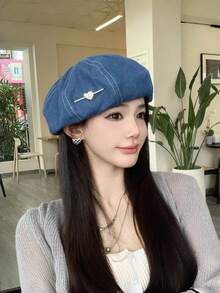 1PC Washed Denim Beret, Women's Street Style Versatile Octagonal Hat, Face-Slimming Painter Hat, Heart-Shaped Newsboy Cap, Women's Hat - Beret - View 5