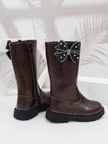 1 Pair Girls' Tall Chelsea Boots, Soft PU + Pearl Rhinestone Bow Material, Elastic Soft Sole With Inner Zipper Design, Minimalist Classic Princess Style Long Boots, Suitable For Daily Wear, School, Holidays, Autumn/Winter New - Coffee Brown - View 5