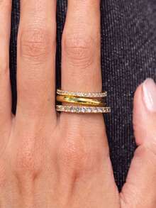 1pc Gold Intertwined Triple Band Ring, Multi Circle Cubic Zirconia Stacking Ring, Elegant Copper Statement Finger Ring For Women Party Daily Jewelry - Multicolor - View 3