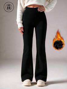 Hotalk Plus Size Winter Thickened Warm Fleece Lined Flare Leggings, High Waist Elastic Slim Fit Warm Micro Flare Tight Pants, Suitable For Daily Cold Weather - Black - View 4