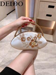 女款橢圓硬殼晚宴手拿包，花卉珠飾刺繡緞面布料，復古優雅婚禮派對舞會手拿包 - 金色 - 查看 9