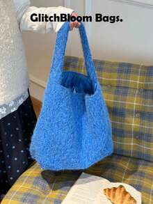 Solid Color Autumn/Winter New Lazy Plush Tote Bag Woolen Bucket Bag Large Capacity Commuter Shoulder Underarm Bag - Blue - View 2