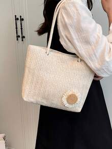 Fashion Decal Decoration Grass Woven Women's Shoulder Bag, Versatile Large Capacity Storage Shoulder Bag/Tote Bag - White - View 2