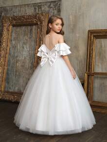 Tween Girl Bowknot Tulle Off Shoulder Flower Girl Dress, Easter Communion Princess Gown Suitable For Birthday Party, Wedding, Holiday Events - White - View 1