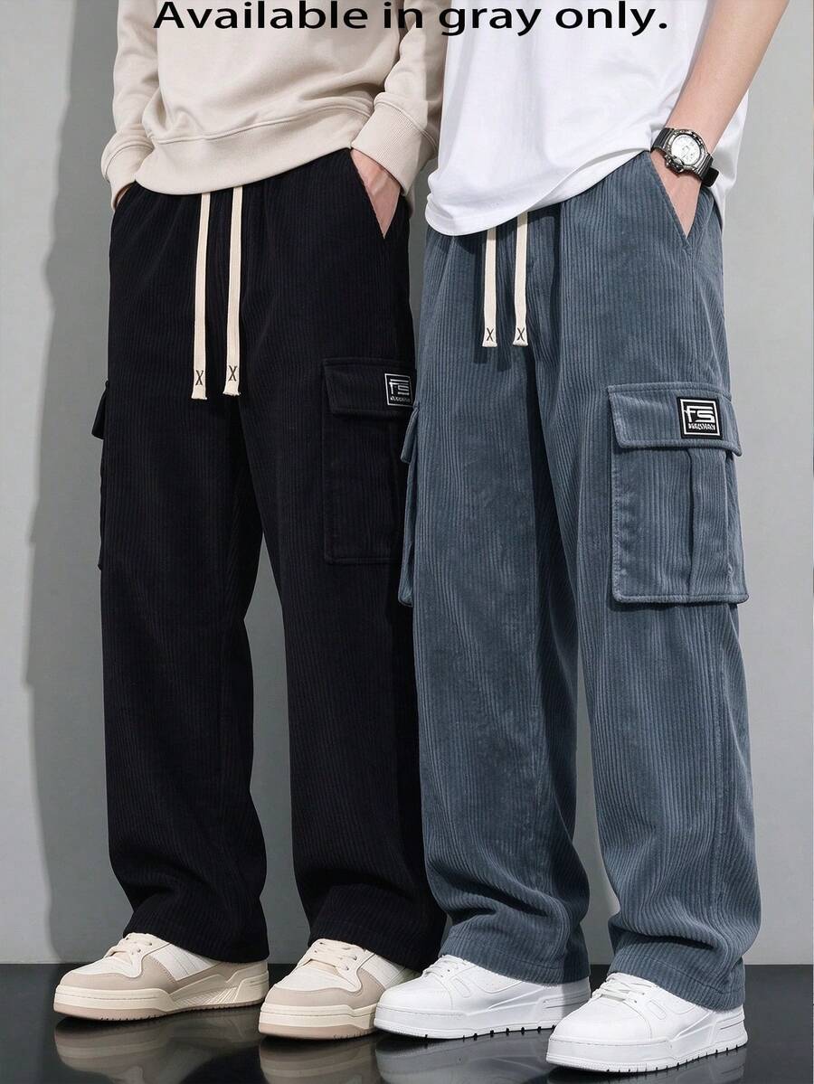 Men's Cargo Pants, Grey Corduroy Wide Leg Pants, Drawstring Elastic Waist Multi-Pocket Straight Leg Long Pants, Loose Casual Streetwear Versatile Commuter Pants - Grey - View 1