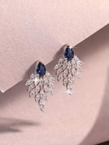 1pair Delicate Silver Plated Angel Wing Teardrop Blue Cubic Zirconia Design Earrings, Sparkly Bridal Jewelry For Wedding Banquet Party Dating & Gift - Blue - View 6
