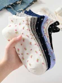 5 Pasang Kaos Kaki Pendek Wanita, Kaos Kaki Pendek Motif Bunga Kecil, Sederhana dan Nyaman, Cocok untuk Semua Musim - MultiWarna - View 2