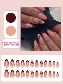 24pcs Medium Almond Shaped Nail Stickers, Leopard Print French Manicure, Red Cherry Pattern, Glossy Full Coverage Retro Style, Suitable For Women And Girls For Daily Wear, Dates And Parties Nails Nail Supplies - Multicolor - View 2