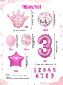 16件組粉色生日氣球套裝，包含40英吋粉色1-9數字氣球、粉色皇冠、五角星鋁箔氣球、粉色乳膠氣球，適用於粉色主題生日派對、公主派對、主題派對 - 彩色 - 查看 2