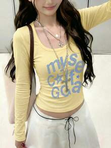 New Spring/Autumn Short Long Sleeve T-Shirt For Women, Y2K Generation Fun Design Print, Korean Style U-Neck Versatile Casual Slim Fit Top - Yellow - View 3