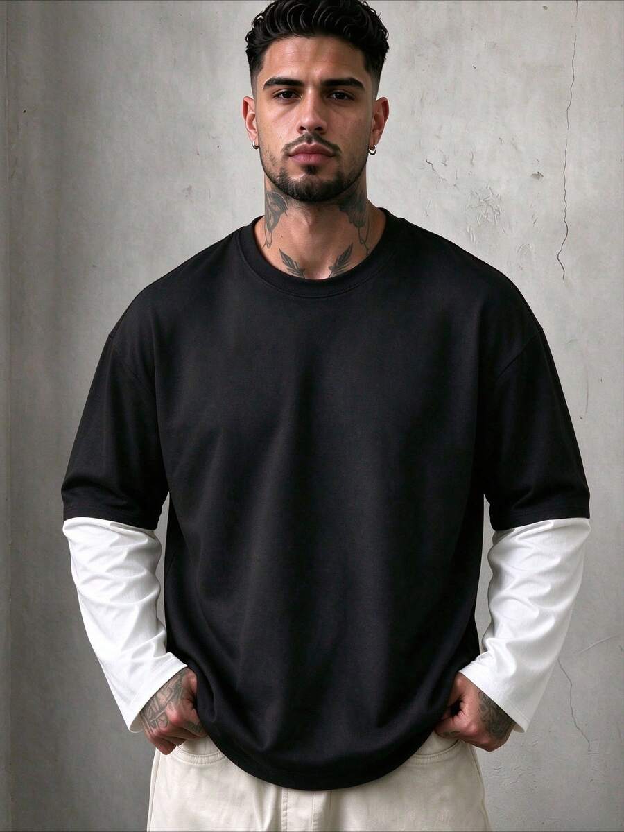 ZYNTH BALENO Men's Autumn/Winter 2-In-1 Crew Neck Long Sleeve T-Shirt, Suitable For Sports, Classic Solid Color - Black - View 1