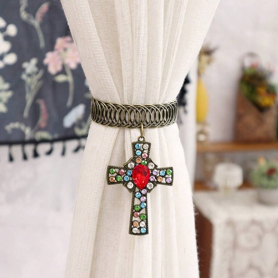 1pc Rhinestone Cross Ornament With Metal Spring Chain Curtain Tiebacks Curtain Holder Curtain Holdback For Home Outdoor Bedroom Office Apartment Decor